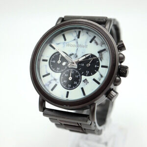 WoodWelt Men's Chronograph Watch 44mm White Dial Wood Gunmetal Steel Bracelet